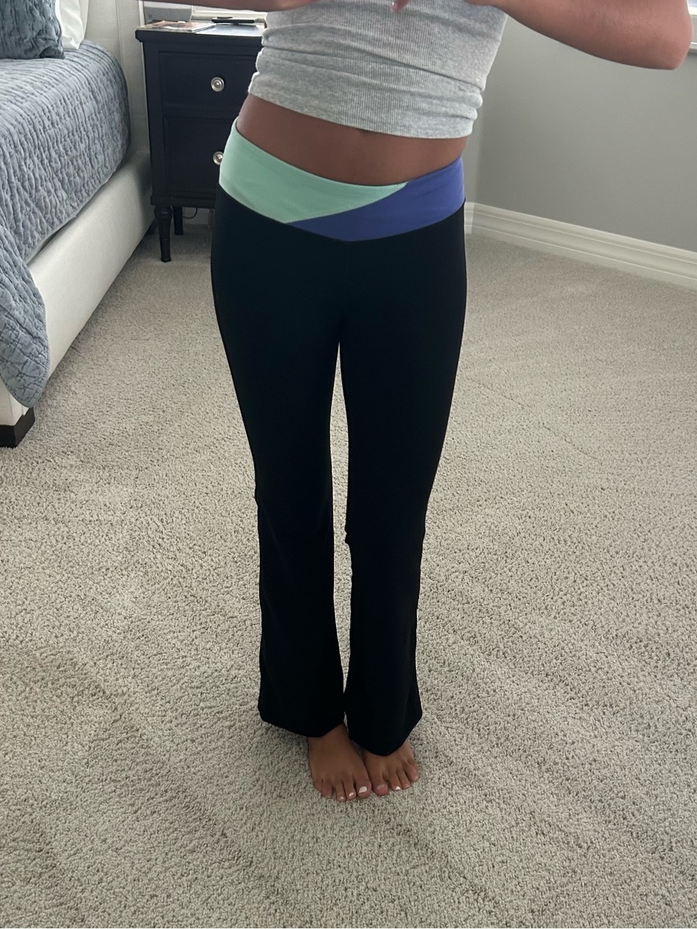 Black Yoga Pants with Mint and Blue Fold-Over Waistband